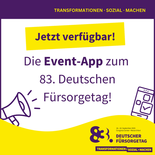 Grafik mit dem Hinweis auf den Launch der Event-App. Farbliche Gestaltung: lila, gelb und weiß –