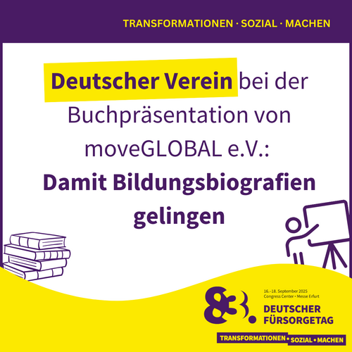 Grafik mit aufruf zur Teilnahme an der Buchpräsentation von moveGLOBAL e.V. Farbliche Gestaltung: lila, gelb & weiß –