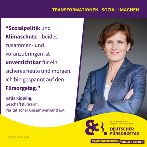 Grafik mit Foto und Zitat von Katja Kipping; farbliche Gestaltung: lila, gelb und weiß –