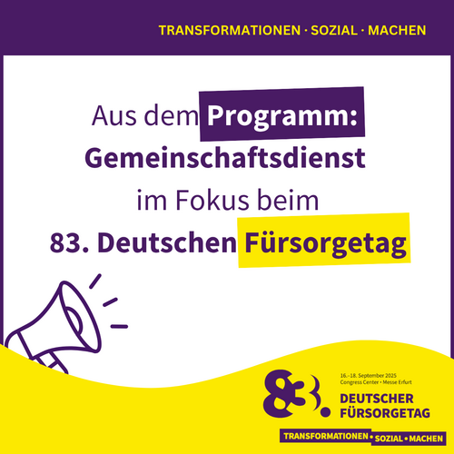 Grafik im lila-gelben DFT-Stil mit Programmhinweis zum Thema Gesellschaftsdienst. –