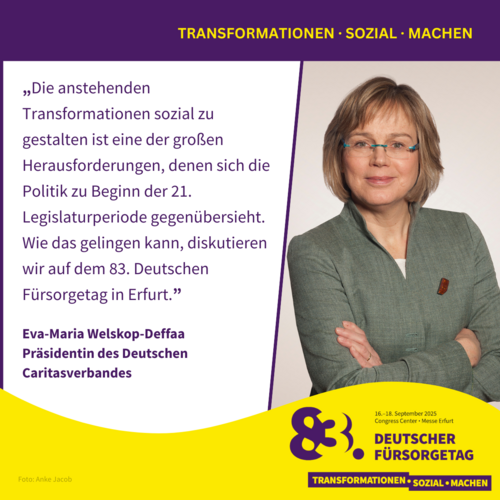 Grafik im DFT-Design mit Zitat und Portraitfoto von Eva Maria Welskop-Deffaa –