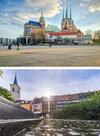 Collage aus zwei Bildern: Das obere Bild zeigt den Erfurter Dom und die Severikirche am Domplatz. Das untere Bild zeigt die historische Krämerbrücke in Erfurt.